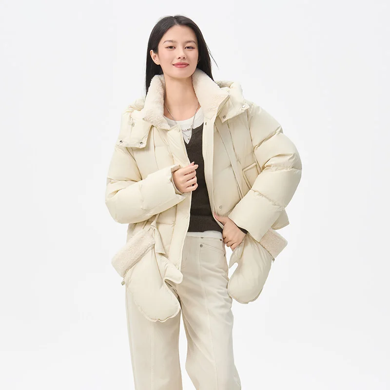 Chericom Women's Down Coat Short Lamb Wool Patchwork Detachable Hood Winter Thickness Coat Windproof Warm Down Jacket Y318180Y