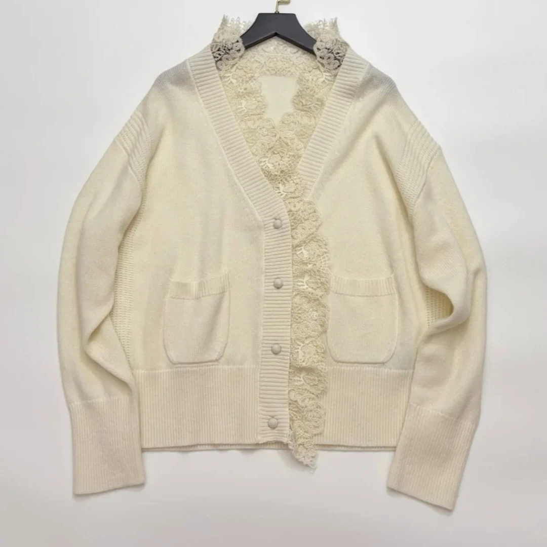 

Женский вязаный кардиган с кружевной вышивкой и v-образным вырезом, однобортный модный элегантный женский свитер с длинными рукавами