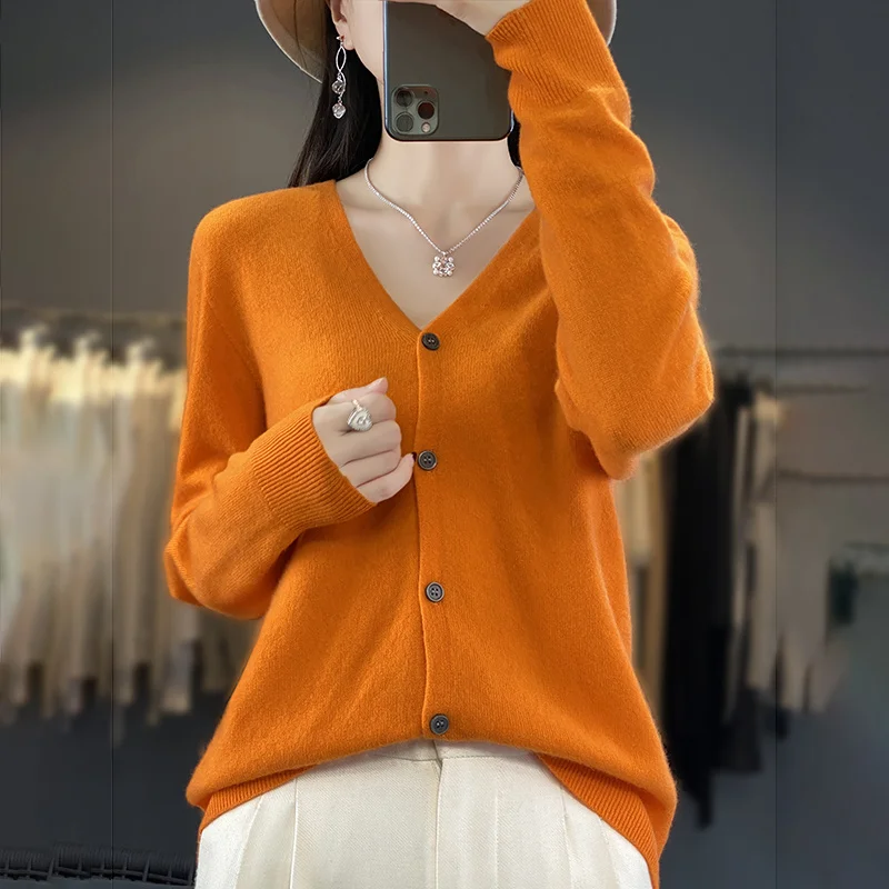 

Spring Autumn Women 100% Merino Wool Cardigan Soft V-Neck Cashmere Sweater Buttoned Knitwear Casual Clothing Korean Style Shirt