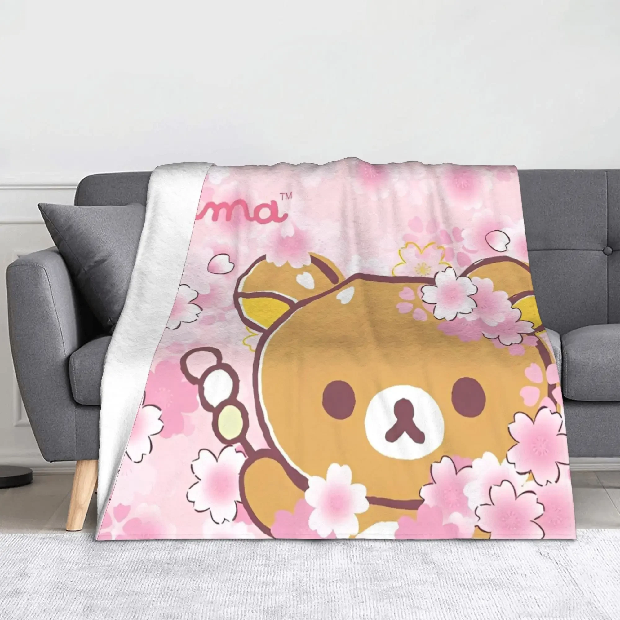 Super Warm Pink Flower Rilakkuma Bear Knitted Throw Blanket with Coral Fleece Plush for Home Couch Bedspread
