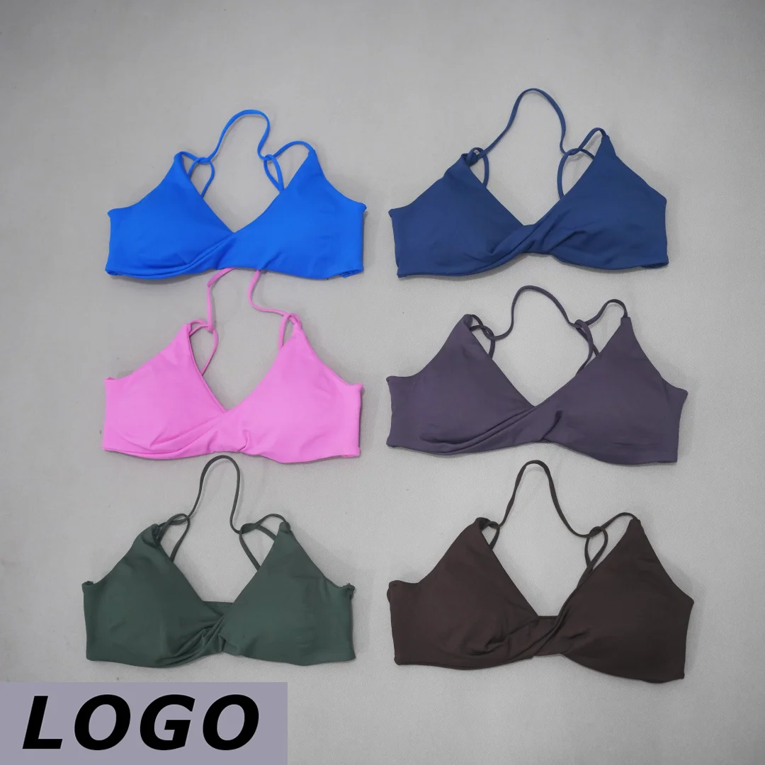 DF Women Seamless Sports Bra V Neck Twist Front Cross Back Thin Strap Removable Pads Soft Stretch Yoga Gym Workout Fitness Bra