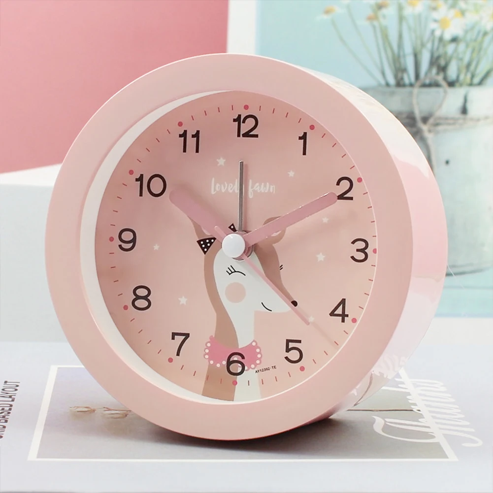 Cute Cartoon Animal Round Alarm Clock Portable Bedside Ultra-quiet Sweeping Soft Warm-light Night Lamp Small Table Clock