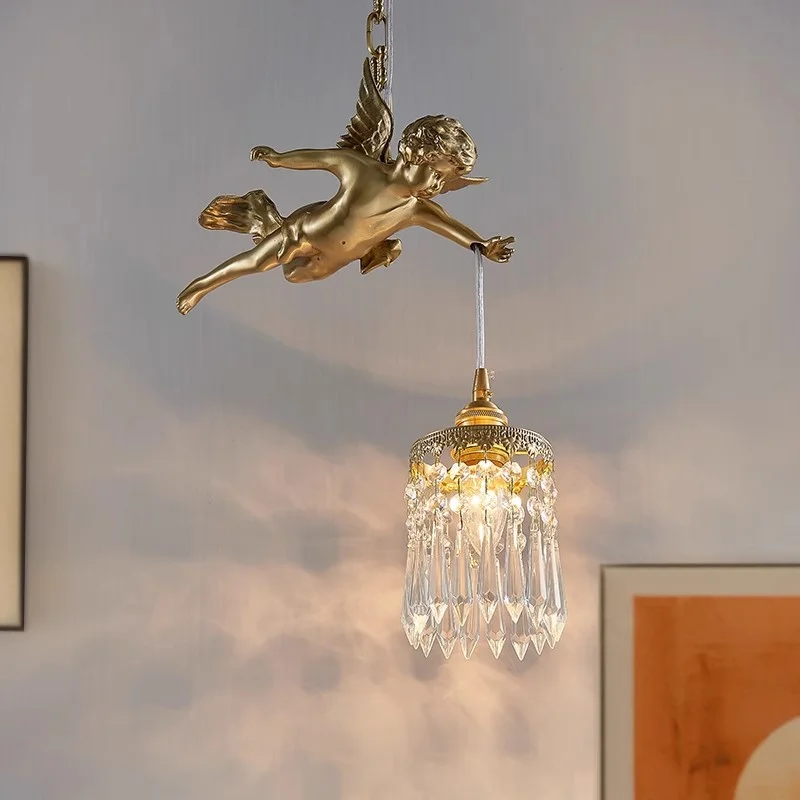 Retro Crystal Copper Angel Small Chandelier French Palace Style Pendant Lighting Corridor Porch Balcony Bedside Hanging Lamp