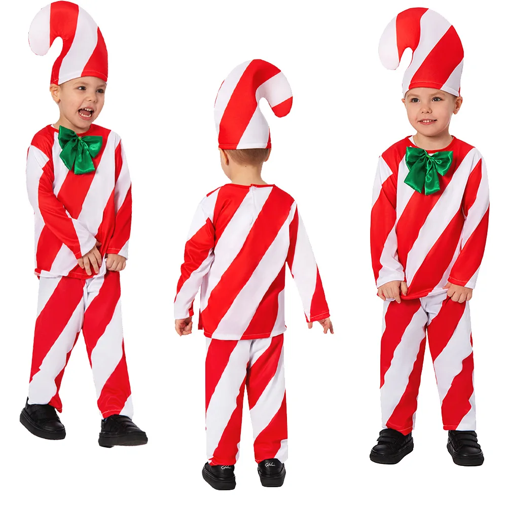 

Kids Children Candy Cane Cosplay Christmas Costume Top Pants Hat Outfits Fantasia Boys Halloween Carnival Disguise Roleplay Suit