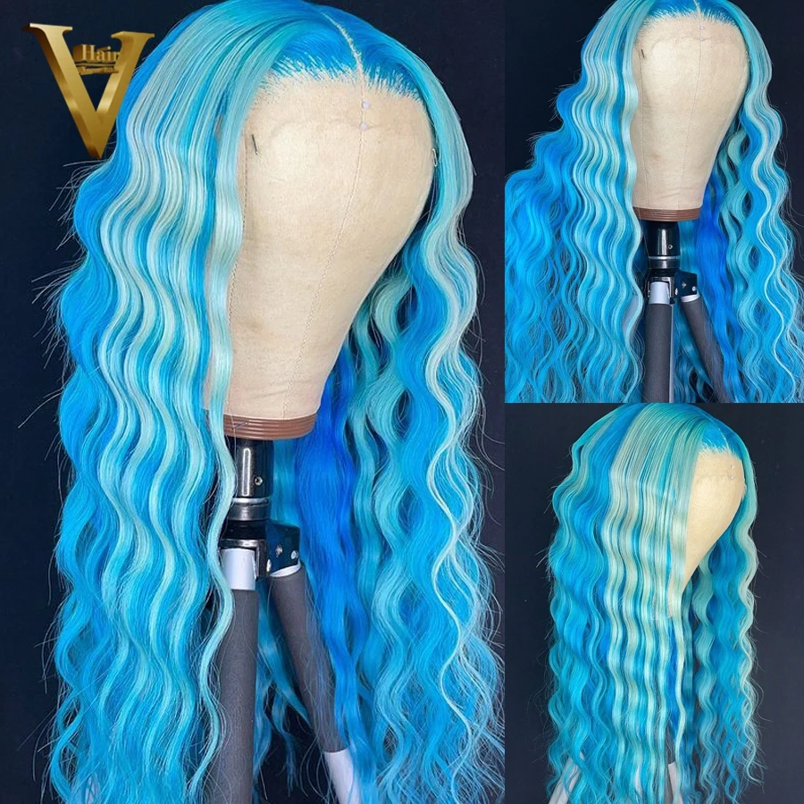 

Highlight Blue Remy Human Hair Wigs 13x4 Transparent Lace Frontal Wig Brazilian Body Deep Wave Women Wig Preplucked Hairline