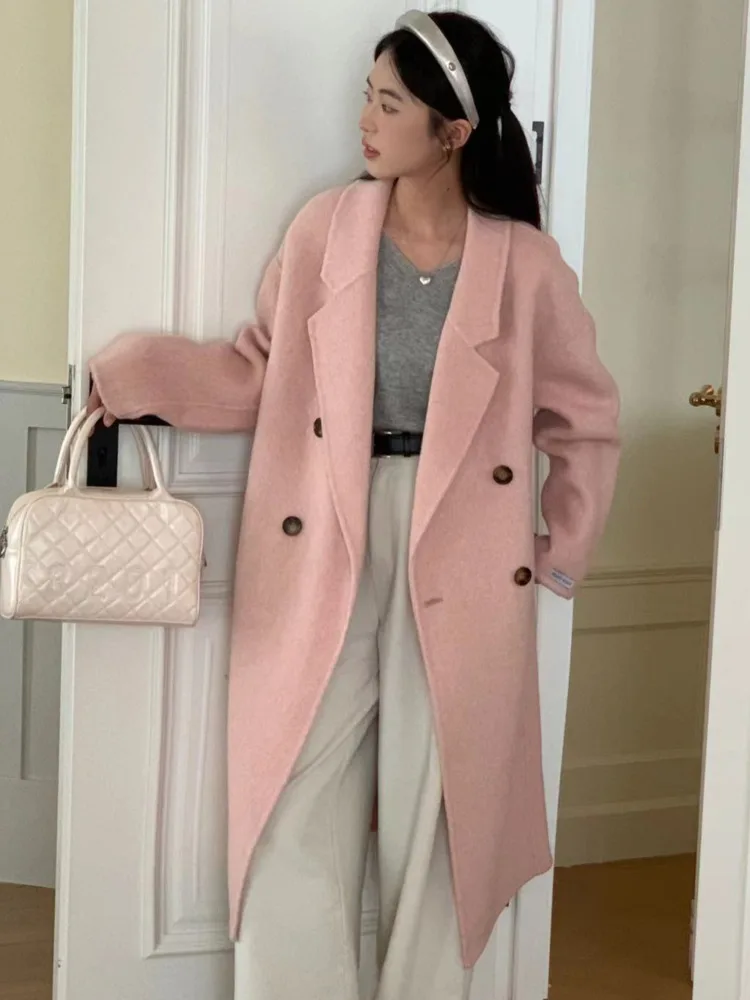 ZMEENNA Cappotto lungo doppiopetto in misto lana da donna chic con risvolto dentellato e tasche Capispalla invernale caldo ZM3494