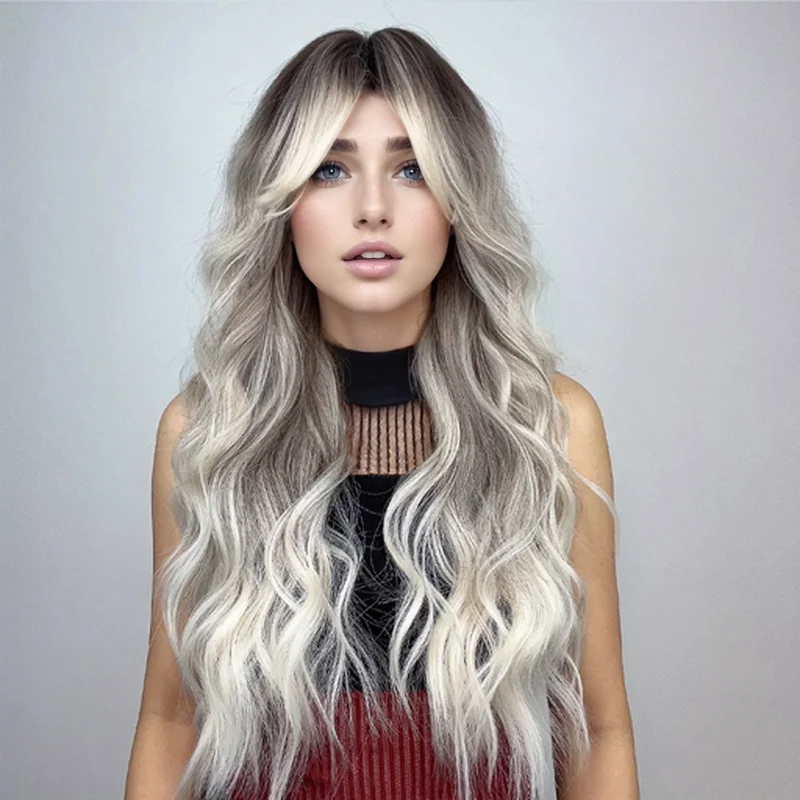 Synthetic Wigs Long Curly Wavy Gray Ash Brown Blonde Ombre with Bangs Cosplay Natural Hair Wig for Women Afro Heat Resistant Use