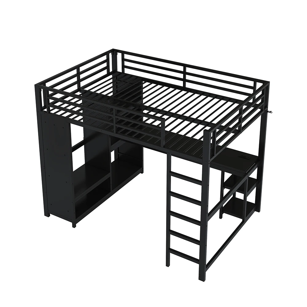 Cama Alta Metálica Resistente KOMHTOM de 140x200 cm para Gaming con Iluminación LED Ambiental Personalizable, Escritorio Integrado, Armario Abierto Espacioso y Múltiples Ranuras Prácticas