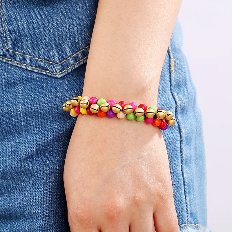 Bohemian Ethnic Style Semi-precious Stone Bell Retro Female Bracelet Wax Rope Hand-woven Beach Style Creative Female Bangle