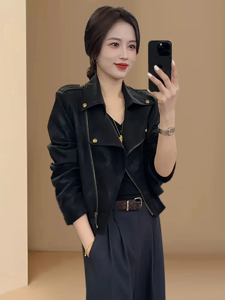 初秋のユニークなオートバイジャケット、女性用ファション、多用途バイカーレザージャケット、トップカジュアルルーズフィット、オートバイジャケット