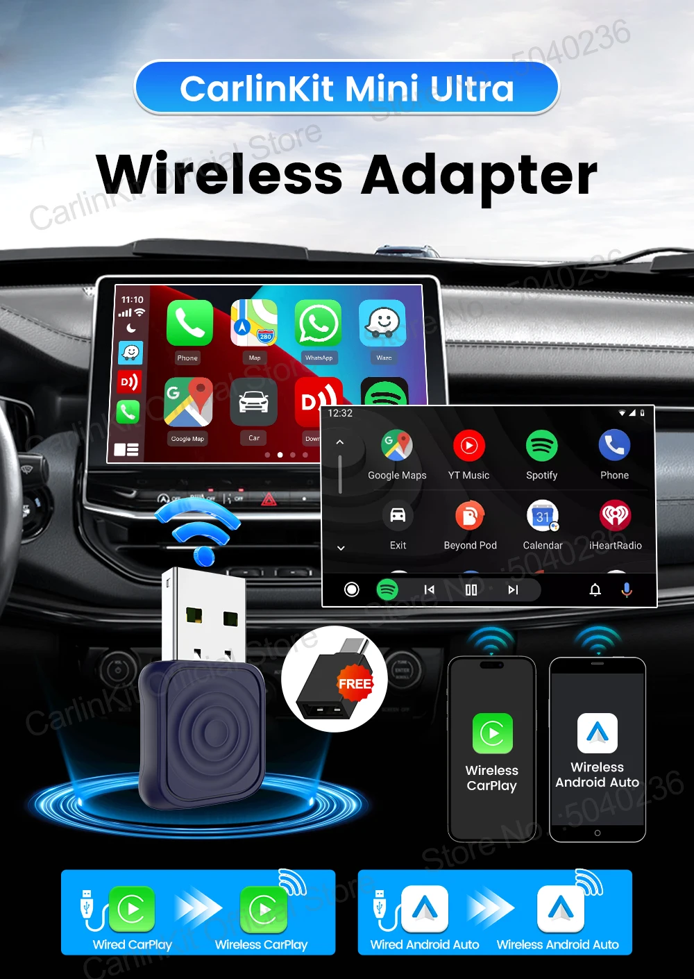 CarlinKit 5.0 Mini Ultra Wireless Adapter Wireless CarPlay Android Auto For OEM Car Plug and Play WiFi Bluetooth Auto Connection
