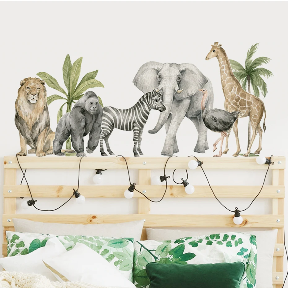 African Animals Wall Stickers Zebra Lion Elephant Tree Wall Decals for Kids room Boys Bedroom Nursery Wall Decorative Home Decor