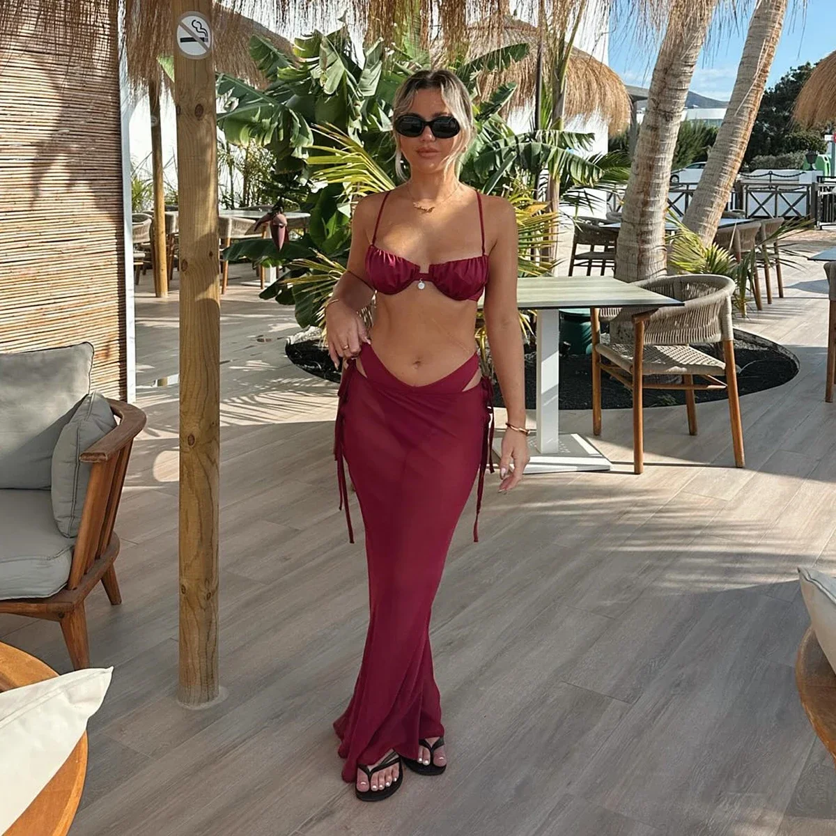 

3 Pieces Bikini 2025 Sexy Women Swimsuit Swimwear Female Solid Long Skirt Cover Up Bikini Set Biquini Bathing Suit Swimming Suit