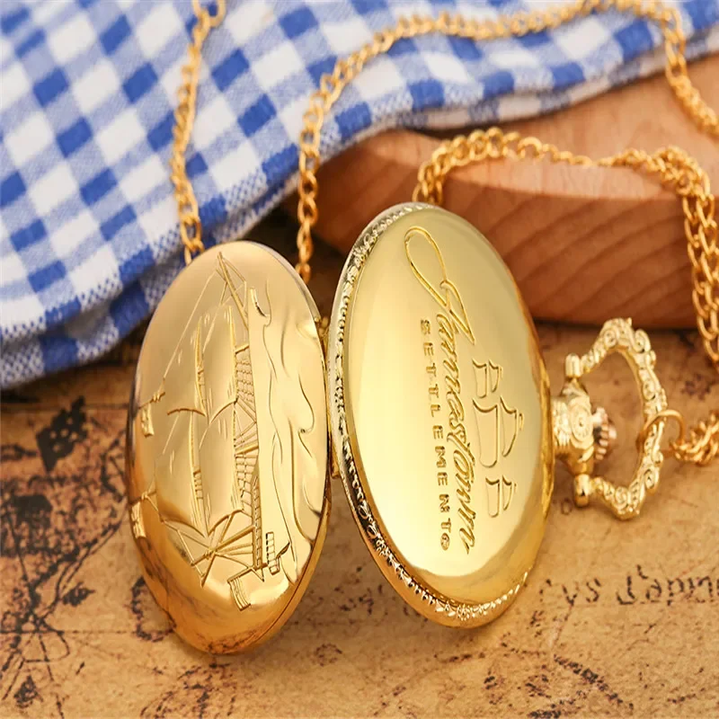 Luxury Yellow Gold Sailing Canvas Boat Men Women Quartz Analog Pocket Watch Full Hunter Arabic Numeral Necklace Pendant Chain