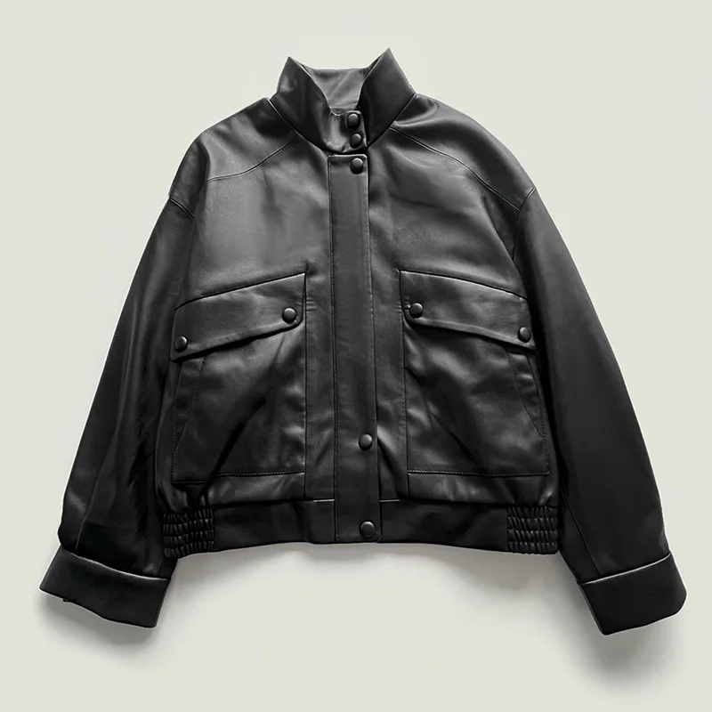 Lederjacke mit Stehkragen ~ Reißverschluss, umweltfreundliche Leder-Fliegerjacke, gerade Röhre, winddichte Lederjacke