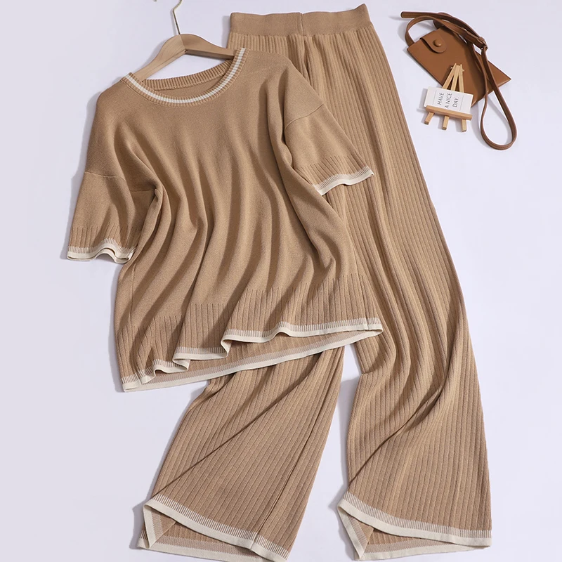 

Knit Short-sleeved Tops + Wide-leg Trousers Two-piece Set 2024 Summer New Fashion Color Contrast Casual O-neck T-shirt Pants