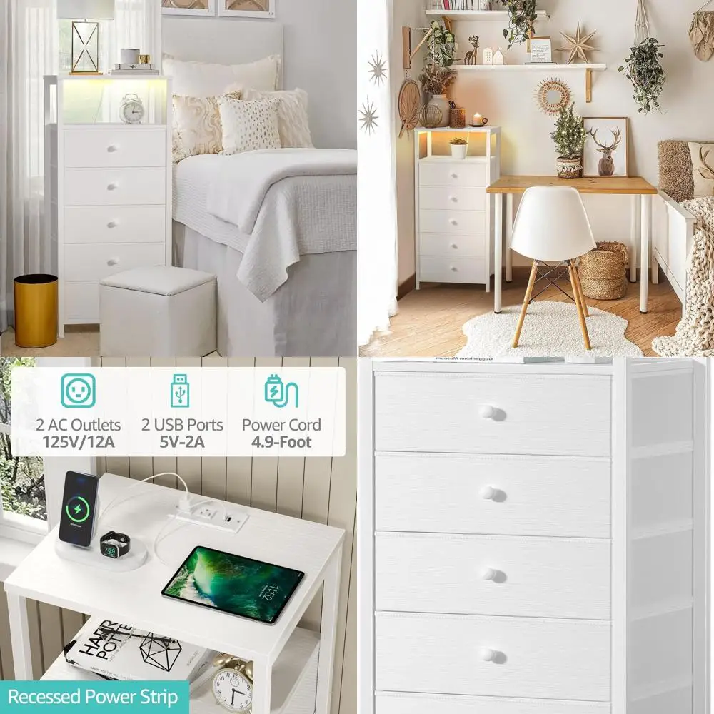 

5-Drawer Tall Nightstand with Charging Station, LED Light, and Storage for Bedroom