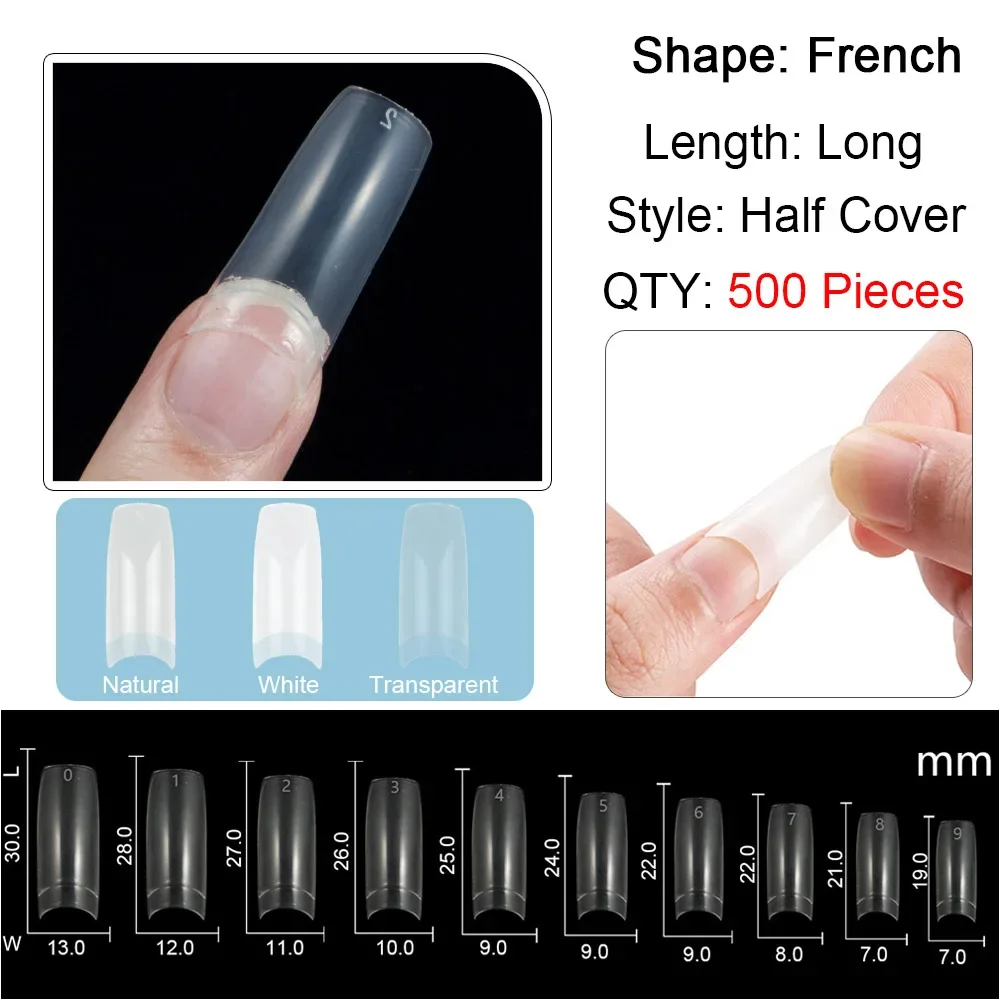 French Square Long False Nail Tips 500 Pieces/Pack 10 Sizes Half Cover Fake Nail for Nail Extension Manicure Artificial Nails