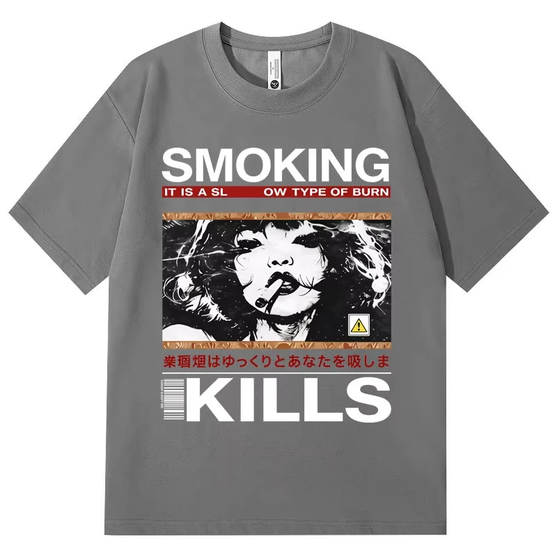Anti Smoking Warning Funny Graphic Print T-Shirt Men Women Streetwear Fashion Short Sleeve Casual Oversized O-neck Cotton Top