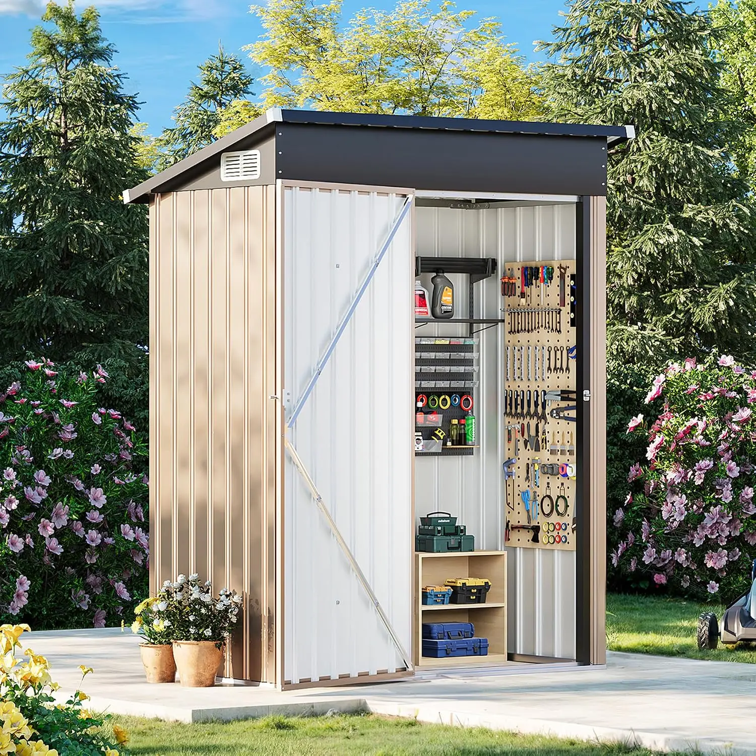 5x3 FT Outdoor Metal Storage Shed Lockable Galvanized Steel Tool House Sloped Roof Waterproof Backyard Garden Patio Brown