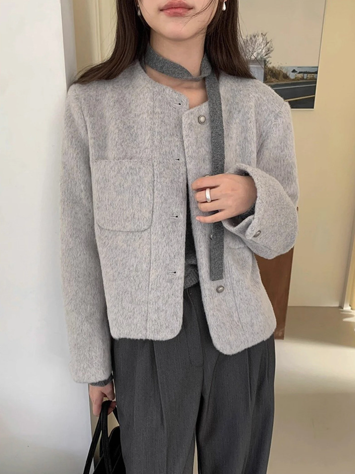 

Ele round Ne Double ket Versatile ort Sve Long irt Women's Outerwear Korean Sle Loose Fit Autumn New Arrival