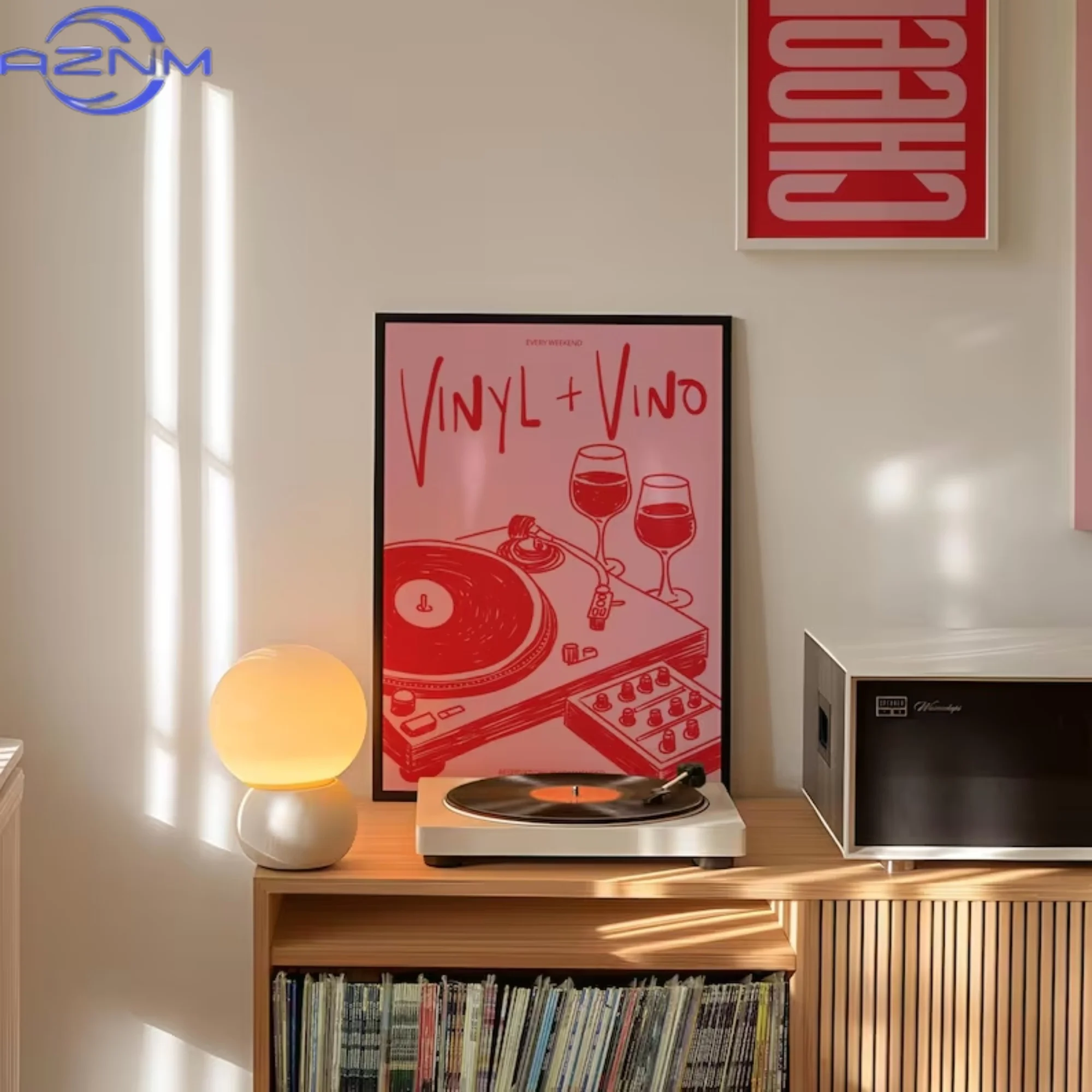 AZNM Vinyl & Vino Music Illustration Wine Record Wall Art Print Canvas Painting Poster Picture For Living Room,Bedroom Home Deco
