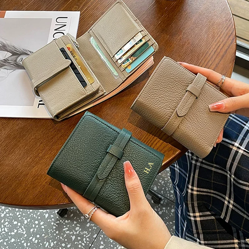 Engrave Initials Woman Casual Card Wallet Genuine Leather Zip Customized Short Folding Wallet Female Luxury Fashion Coin Purse view 3