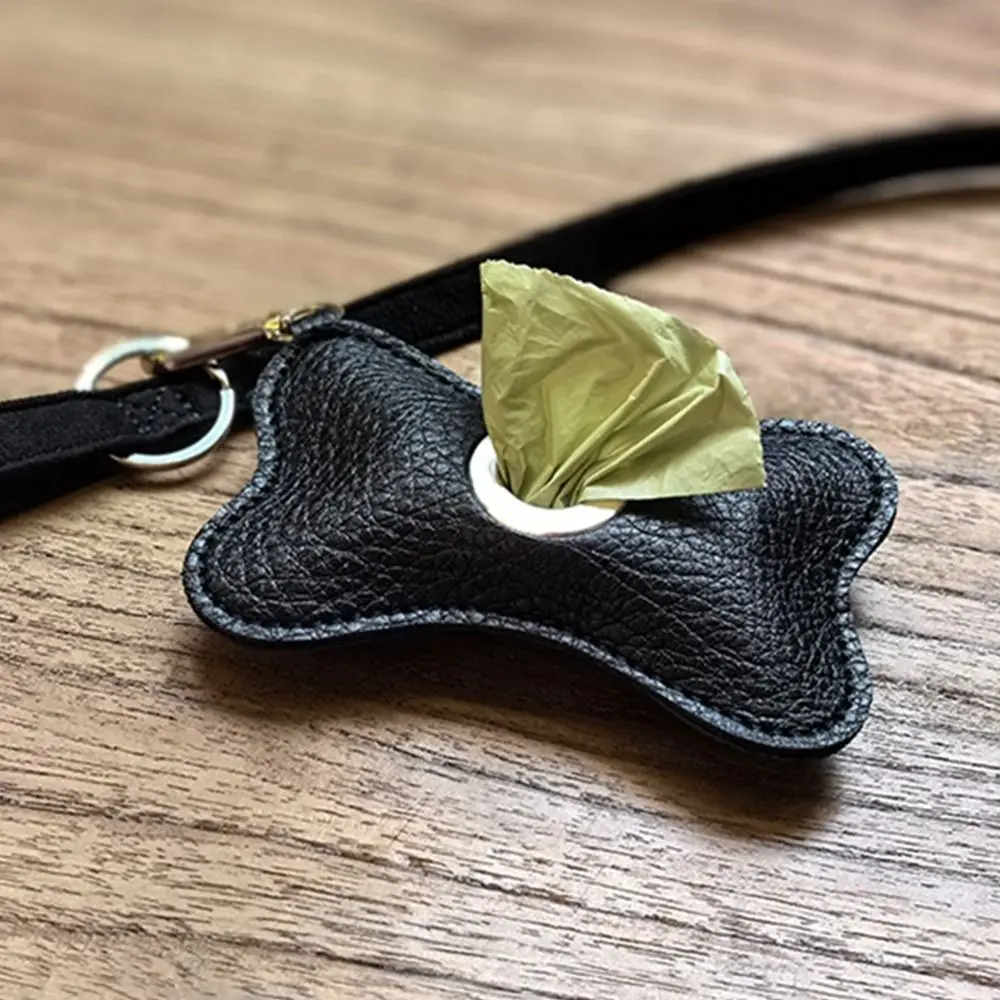 Creative Dog Poop Bag Dispenser Bone Shaped PU Leather Pet Poop Clean Bag Holder Zipper Closure with Garbage Bag