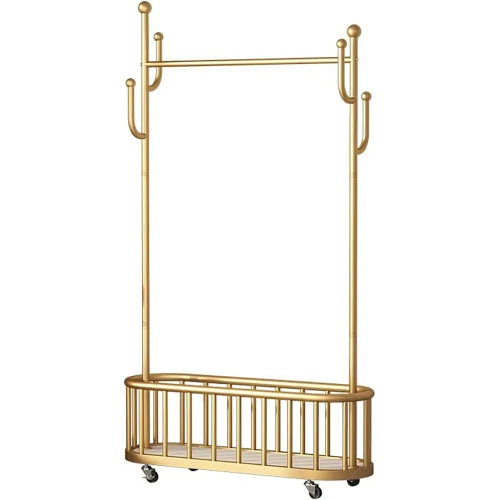

Gold Rolling Clothes Rack with Wheels, 68.5 Inch Tall Heavy Duty Metal Gold Garment Rack with Basket, Movable Portable Clothes R