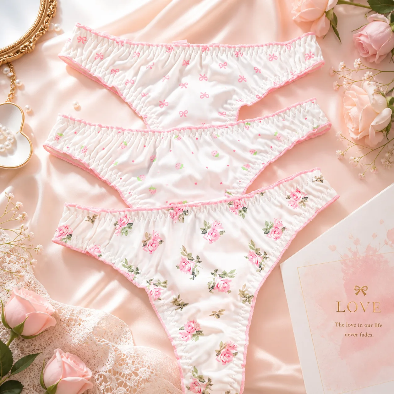 Nahtloser G-String mit Schleife und Erdbeer-Motiv für Damen und Mädchen – Hüftslips, Unterwäsche, Dessous