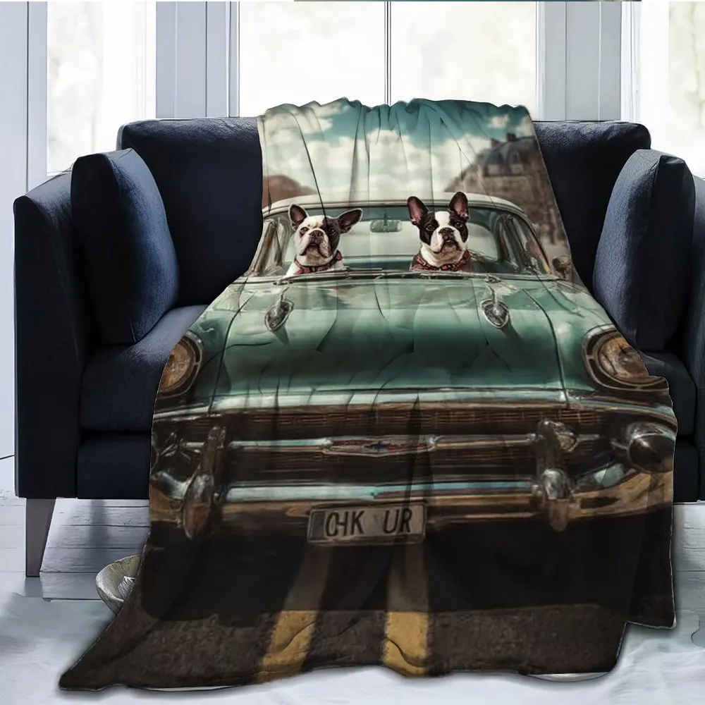 Decorative Dog Portrait Blanket Throw Vintage Car Pet Blanket Cozy Gift for Dog Lovers Giant 150x230cm Home Decor