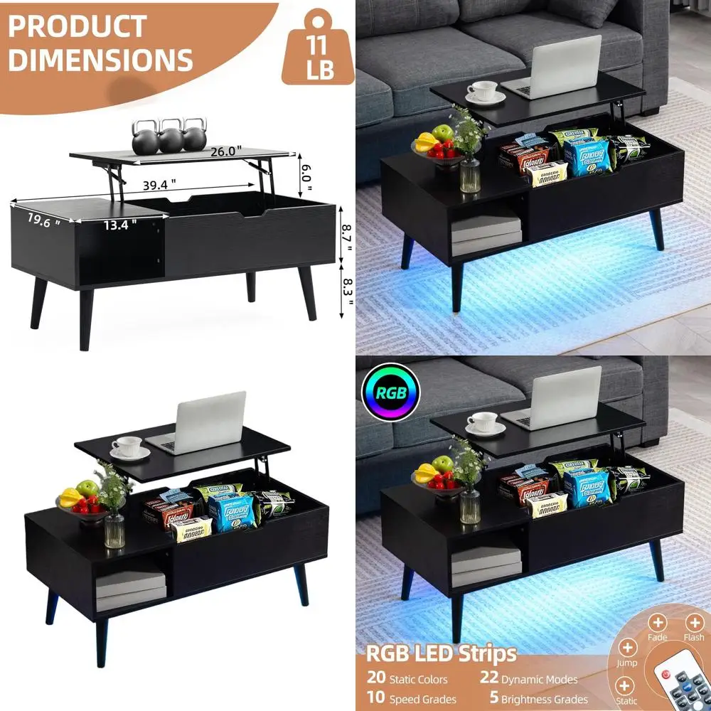 リフトトップ付き多機能コーヒーテーブル、USB-C充電、LEDライト、電源コンセント、リビングルーム/ホームオフィス用収納、B