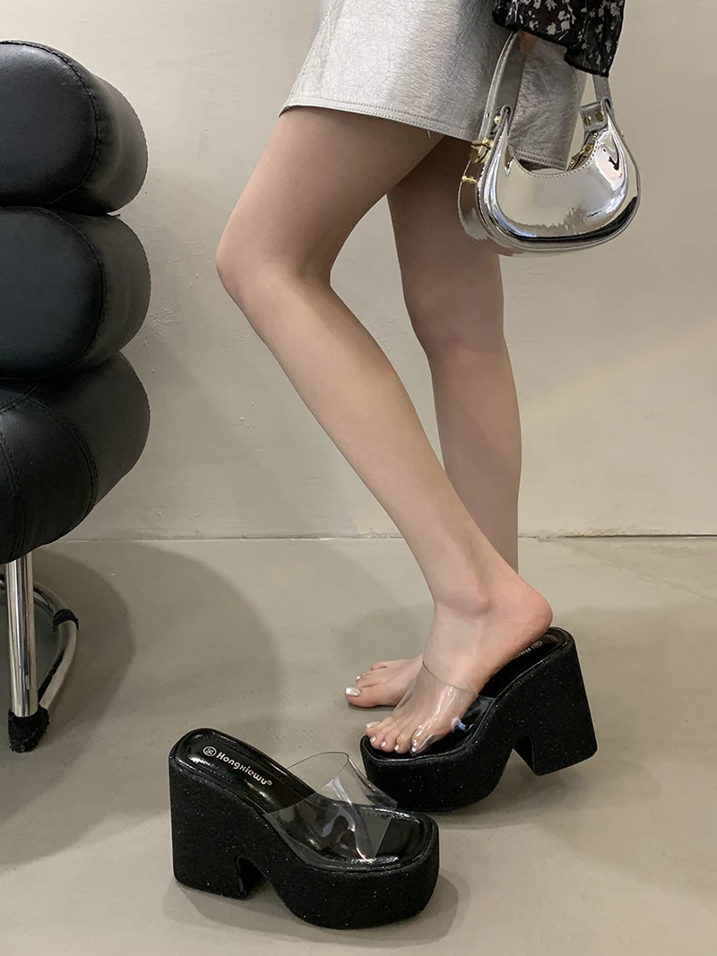 Pink Platform Heels Slippers 12cm Chunky Heeled Sandals For Woman PVC Clear Block Shoes Silver Summer Sandals Ladies Sandales