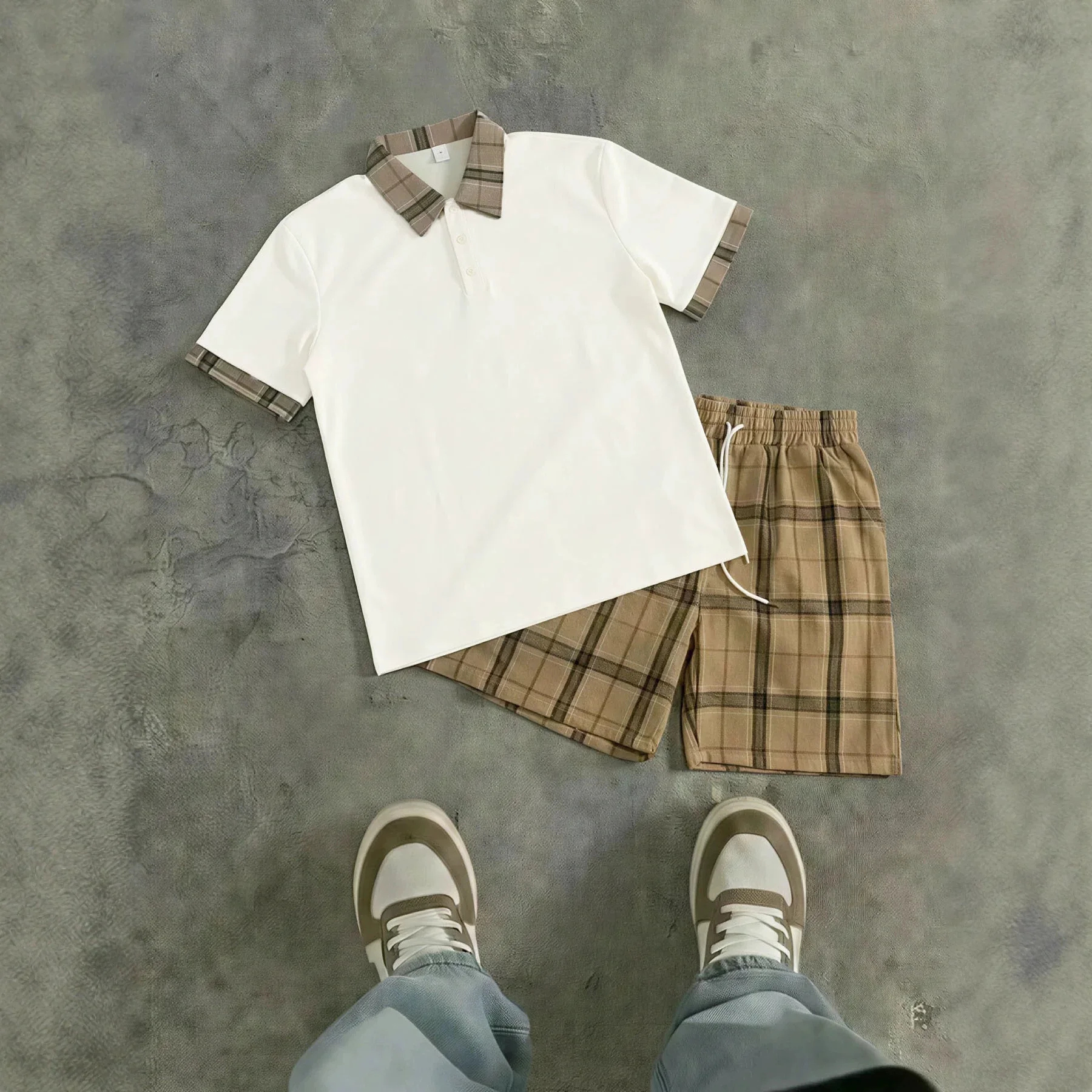 Nuevo Conjunto de Camiseta Polo de Manga Corta y Pantalones Cortos para Hombre, Diseño Deportivo Casual a Cuadros con Cuello Transpirable