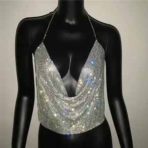 Bright Festival Rhinestockless Rhinestones Harvest Female Top 2024 Summer Glitter Night Neckline in V Diamonds Metal tank top Main Cropped Sales with Gloss - №5