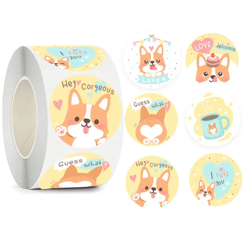 100-500PCS New Children\'s Stickers Packaging Corgi Cartoon Dog Fot Kids Home Made Merci Animal Kids Rolling Stickers Labels