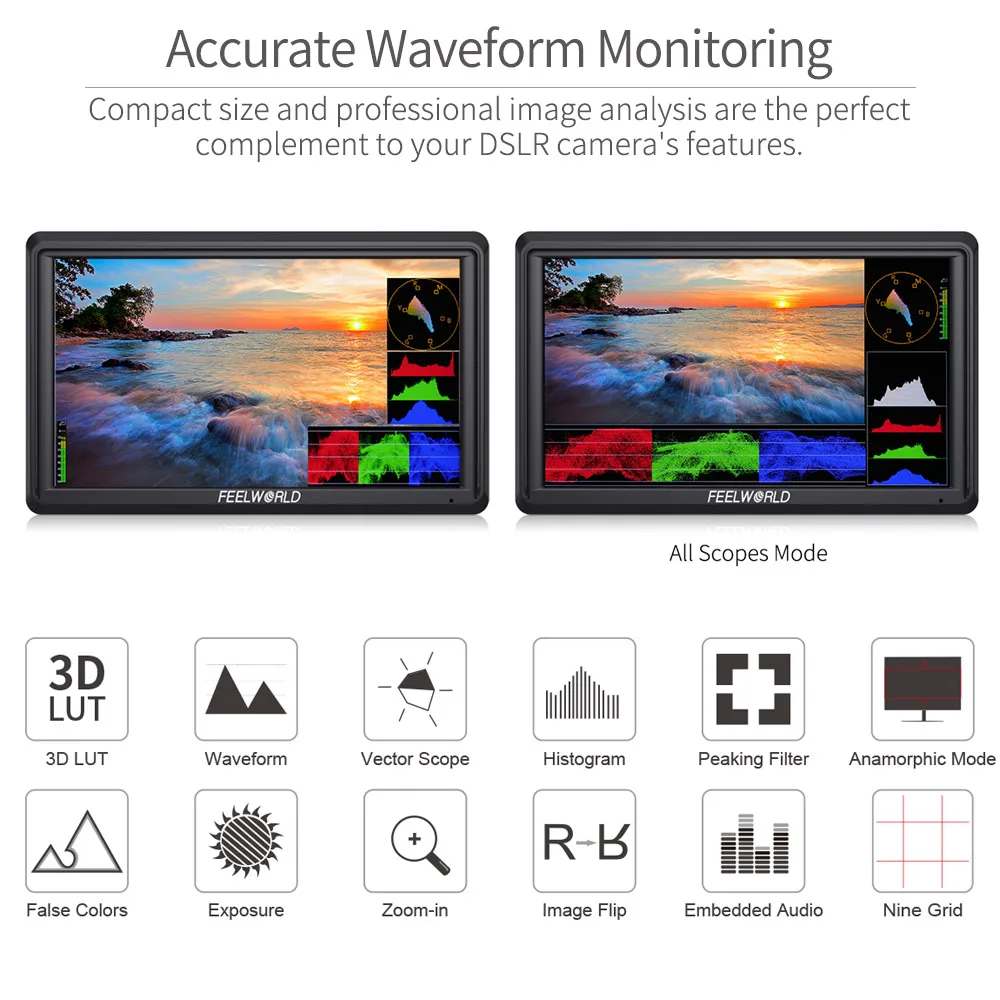 FEELWORLD FW568 V3 5.5 Inch Portable Camera 3D LUT DSLR Field Waveform Monitor 4K HDMI In Out Full HD Tilt Arm Power Output