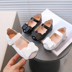 High-Quality Princess Shoes Spring Autumn Black White  Leather Shoes Soft Bottom Non-Slip Bowknot Bowtie Cute Children Flat Shoe