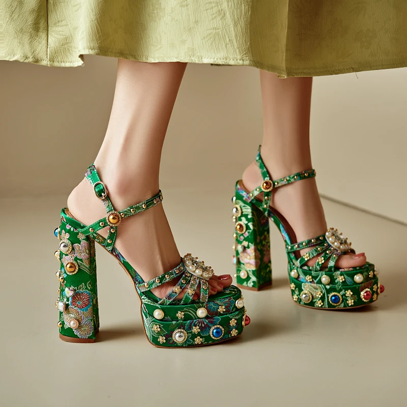 

Design Niche Styles Embroidered Sandals Women Green Silk Thick Platform Open Toe Pearl Inlaid Super High Heels Ankle Strap Shoes