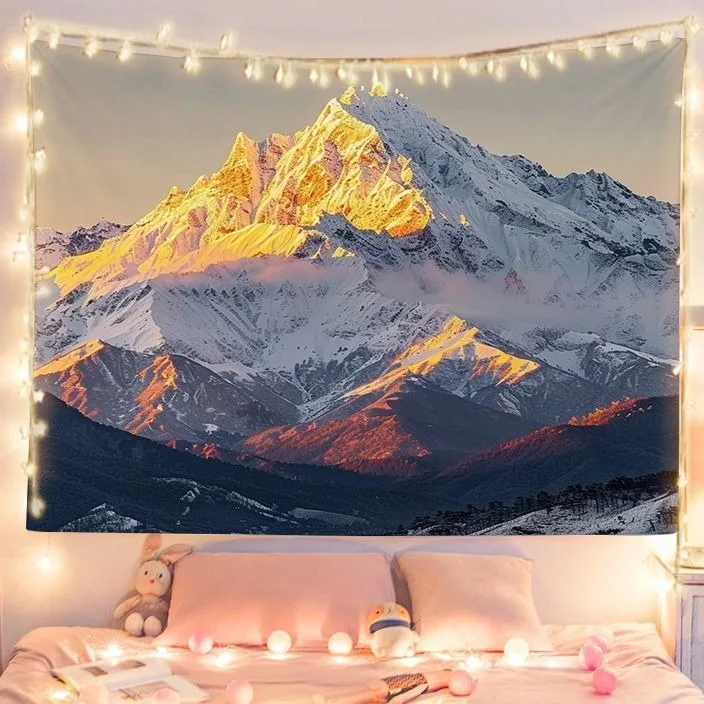Golden Snow Mountain Sunset Tapestry, Nature Scenery Wall Decor for Bedroom