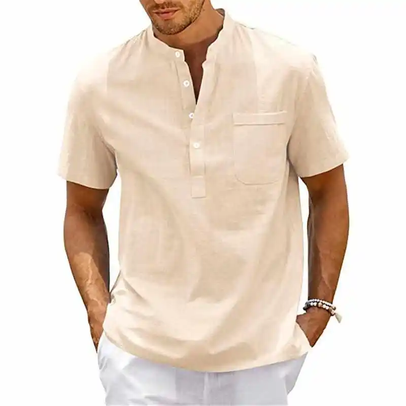 

Casual Color Stand Collar Thin ort Sve irt Breathable Lightweight Cotton Youth Faion Summer irt for Young Men
