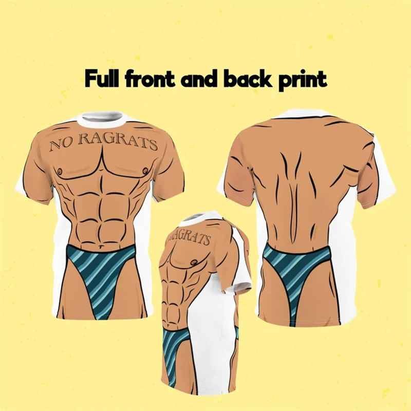 Men 3D Optical Illusion Muscle Body Print Short Sleeve T‑Shirt Funny Fake Bikini Vest Graphic Tee Summer Party O Neck Casual Top