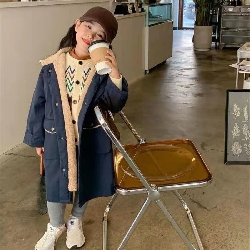 Girls' Hong Kong Style Padded Trench Coat – Thick Mid-Length Winter Jacket, Fleece Trendy Outerwear for Kids