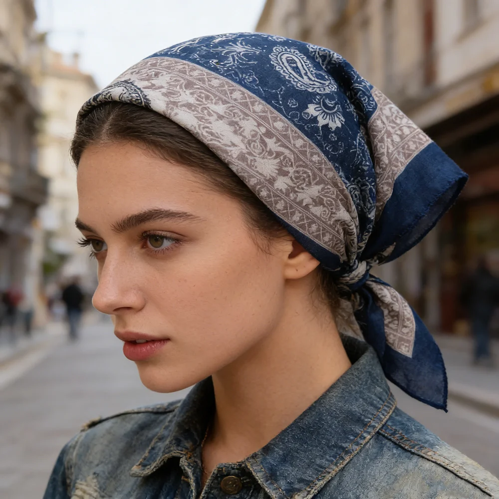 

1Pc spring 58cm cotton and linen silk scarf, high-end versatile cashew nut printed square scarf, femininity retro scarf