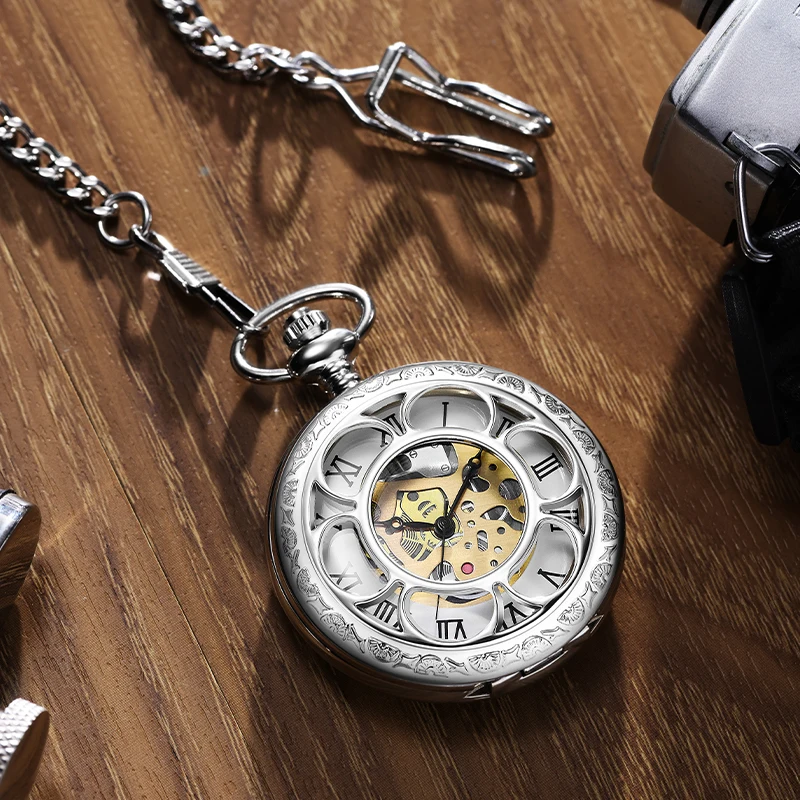 Round-fingered quartz pocket watch large fashion unique gold skeleton sunflower flip design with thickened chain suitable for al