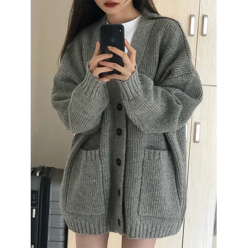 Thicken Gray Cardigan Women Autumn Winter Pocket Single-breast Sweater Female Long-sleeve Warm Knitwear Ladies