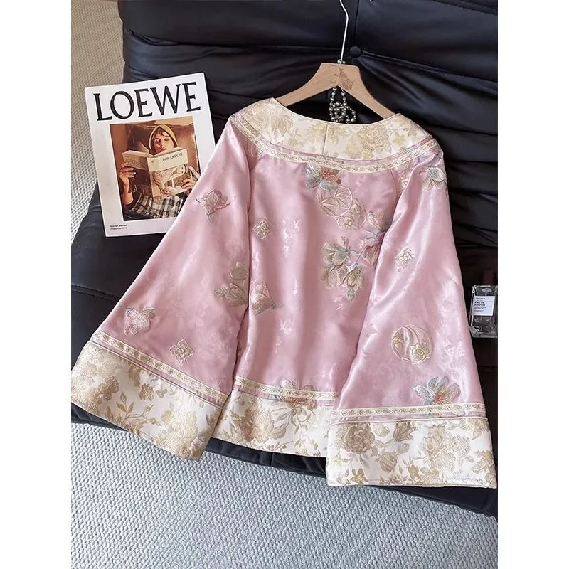 เสื้อโค้ทสไตล์จีนใหม่แบบหรูหราเบาๆ คอวี ปักลาย สำหรับผู้หญิง เสื้อและกระโปรงสไตล์จีนแบบใหม่ที่ได้รับการปรับปรุง