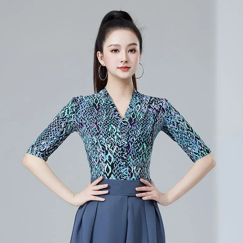 Danza latina Top monopezzo Donna Adulto Danza moderna Scollo a V Stampa leopardata Pratica Performance Costume Ballo da sala