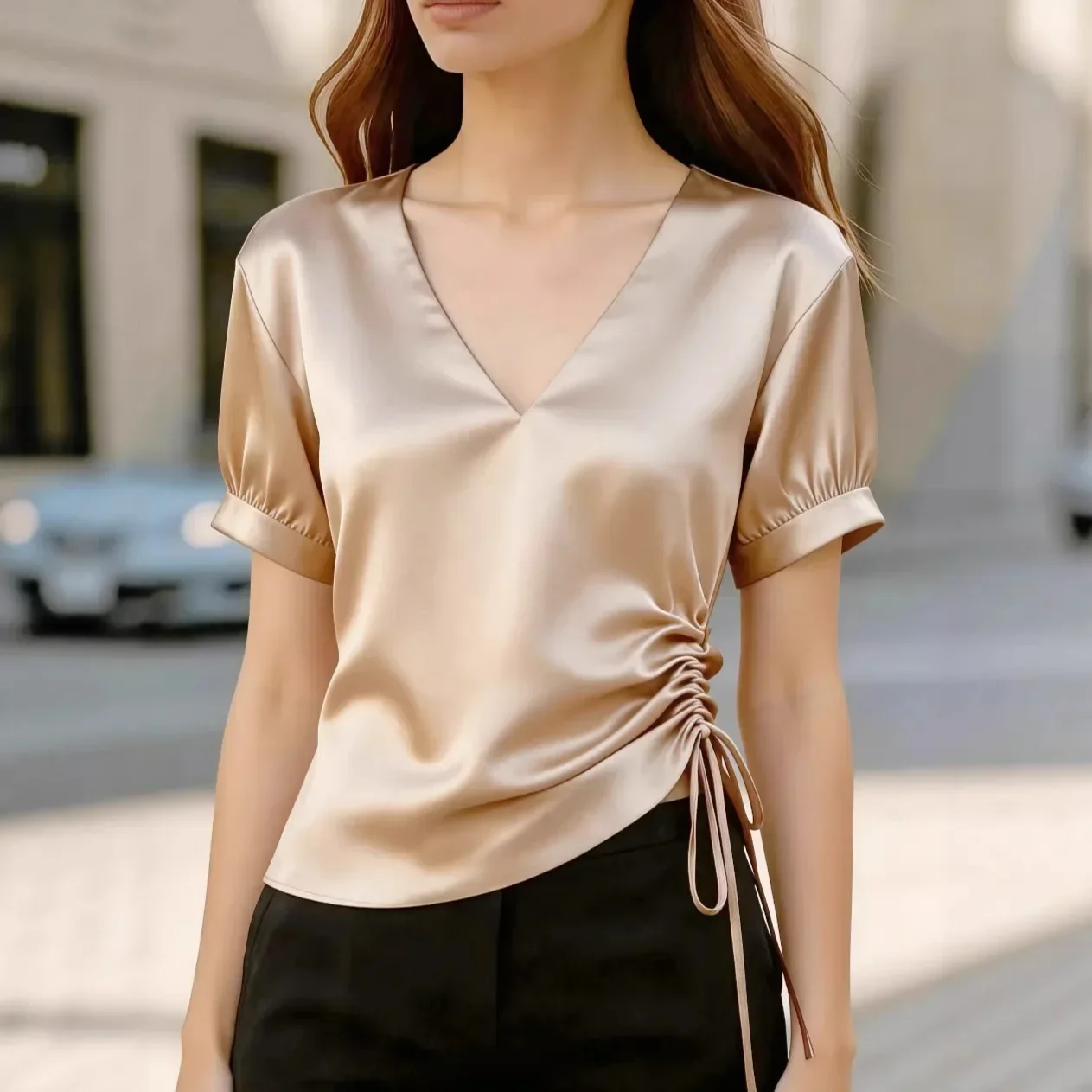 Women V Neck Blouse Short Puff Sleeve Side Drawstring Ruched Solid Color Elegant Office Work Shirts Summer Casual Blusas Tops