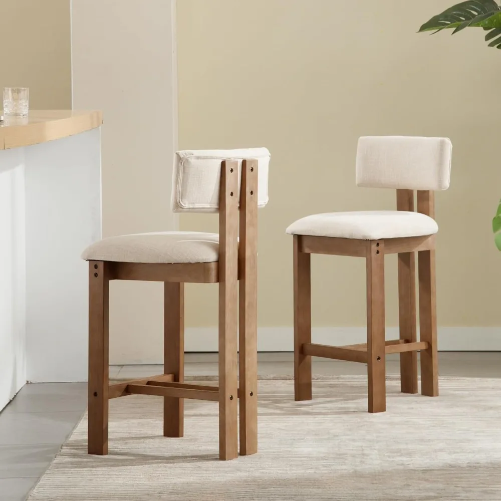 

Mid Century Modern 26" Counter Bar Stools Set of 2, Farmhouse Comfy Upholstered Wooden Counter Height Barstools with Footrest